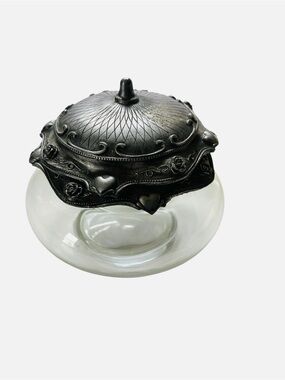 Vintage 1998 Metzke Pewter Double Piece Lidded Glass Jar Vanity Candy Trinket